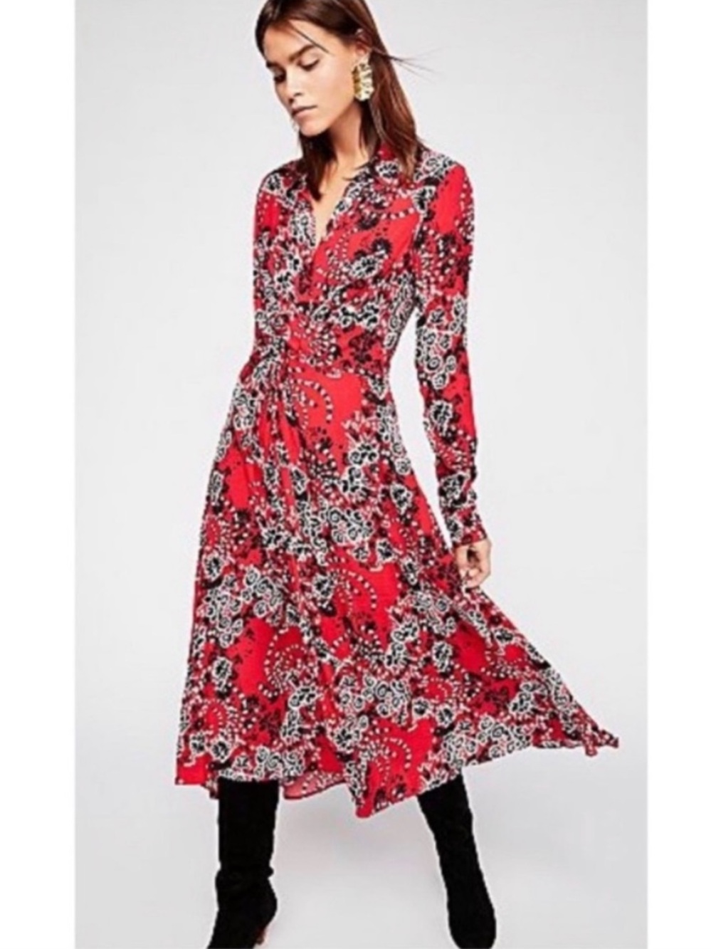 NEW Free People Tough Love Shirtdress Size 4 Red Paisley Long Sleeve Black NWT